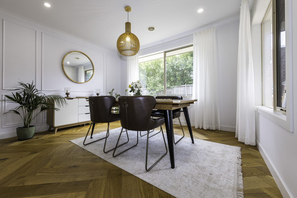 Herringbone timber flooring - dining room with timber floors